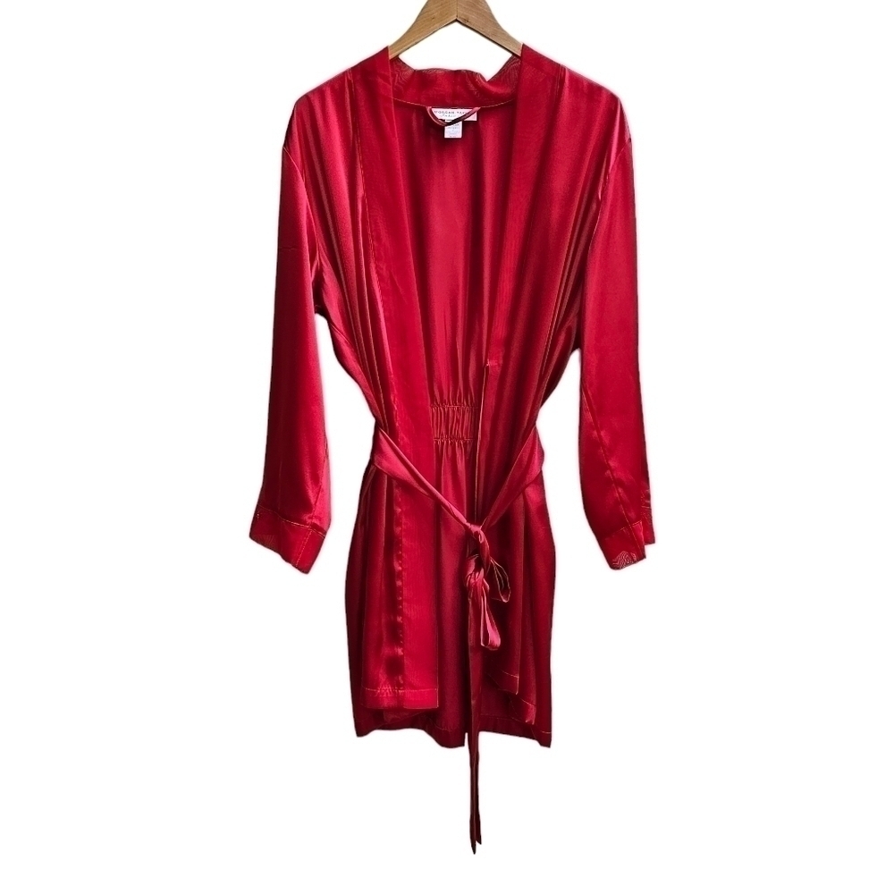 Morgan Taylor Intimates Robe in Deep Red Satin with Gauzy Trim, Size Large